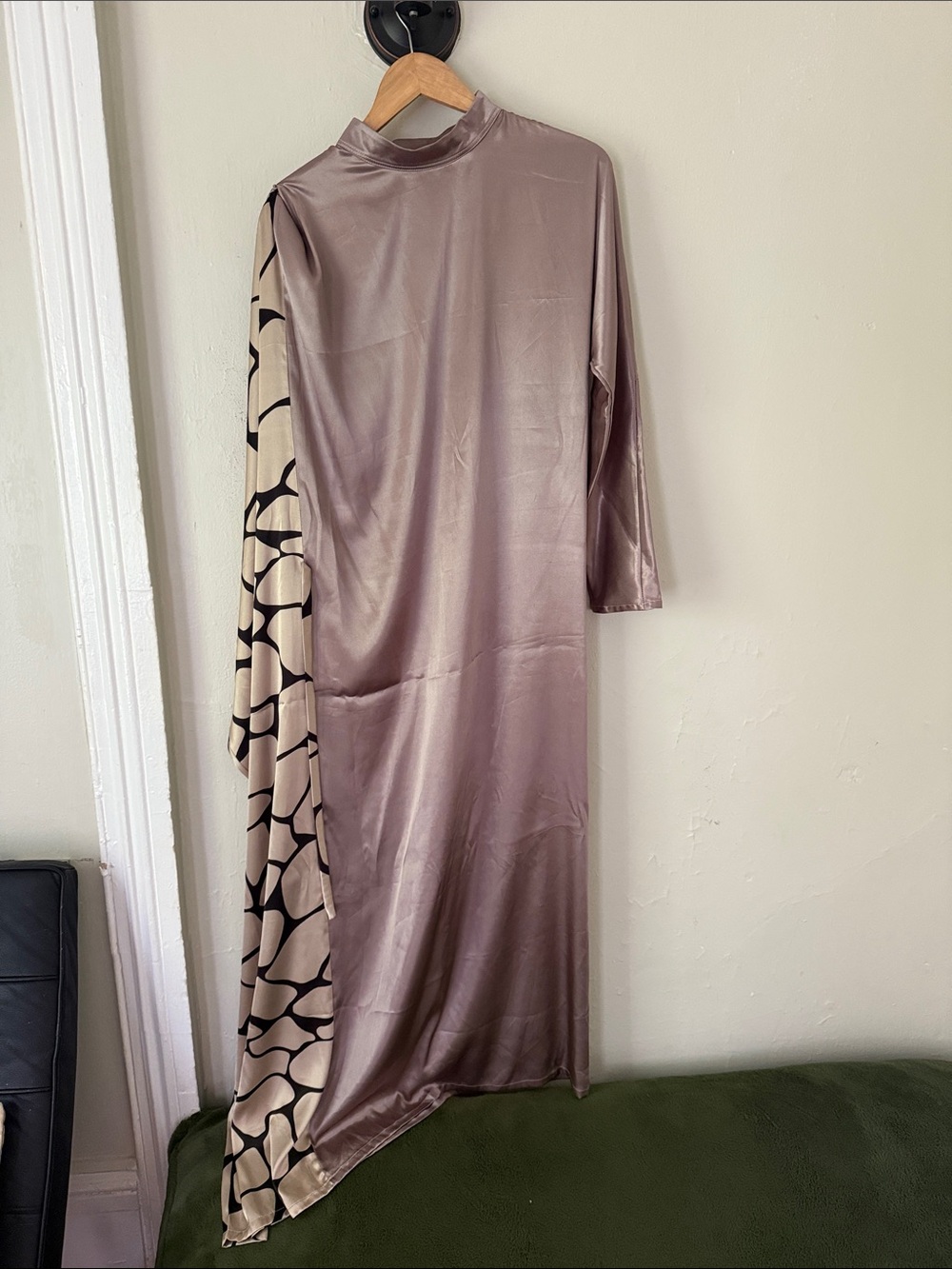 Taupe Satin Long-Sleeve Dress with Printed Side Panel